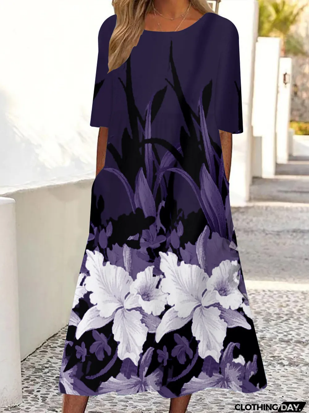 Women's Short Sleeve Scoop Neck Floral Printed Midi Dress With Pockets