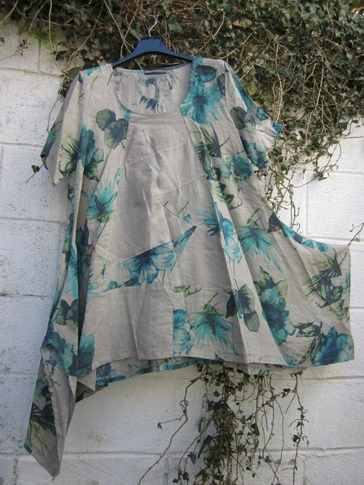Womens Floral Printed Casual Asymmetrical Linen Tee