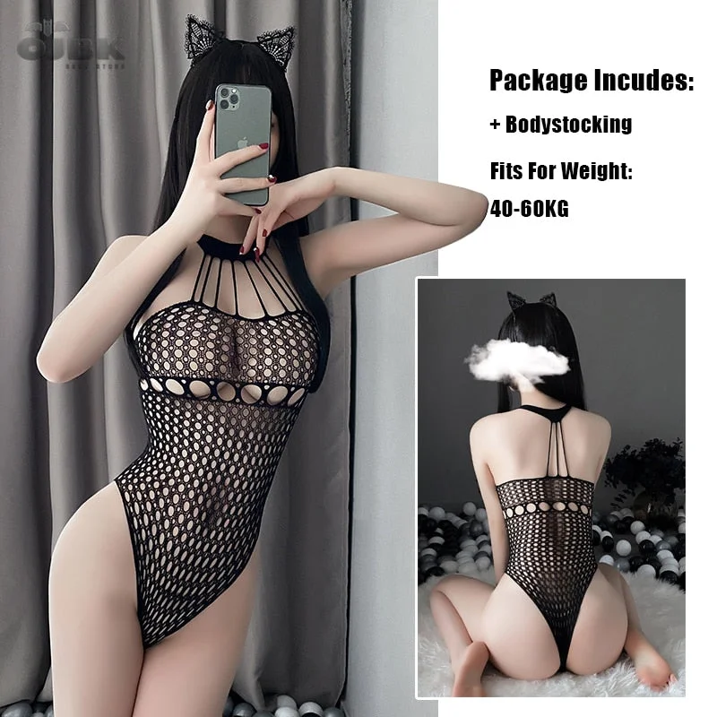 Halter Hollow Out Women Sexy Bodysuit Polka Dot Tube Top High Waist Erotic Costumes Backless Tempatation Mesh Underwear Cosplay