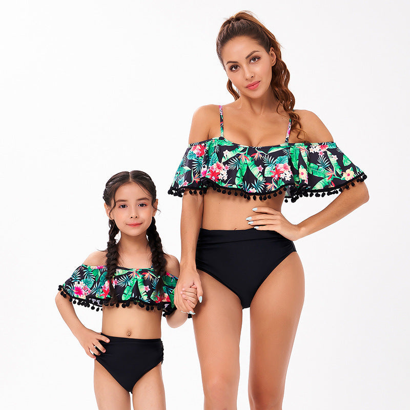 Floral Print Black Ruffle Matching Swimsuits for Mom and Me