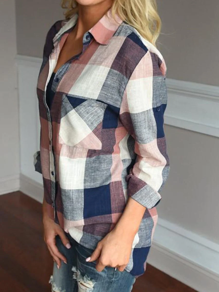 Lapel Plaid Casual Blouse