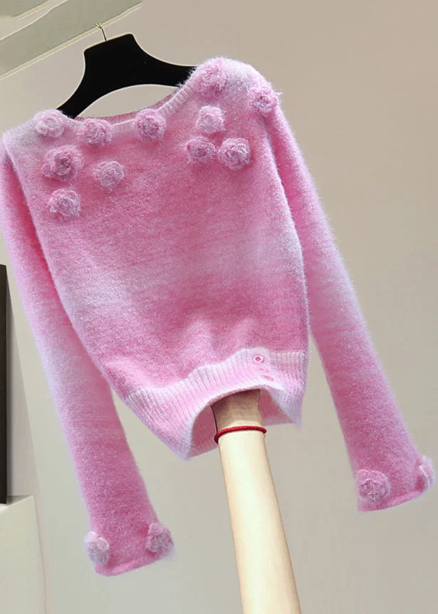 Cute Pink Floral Thick Cotton Knit Sweaters Winter
