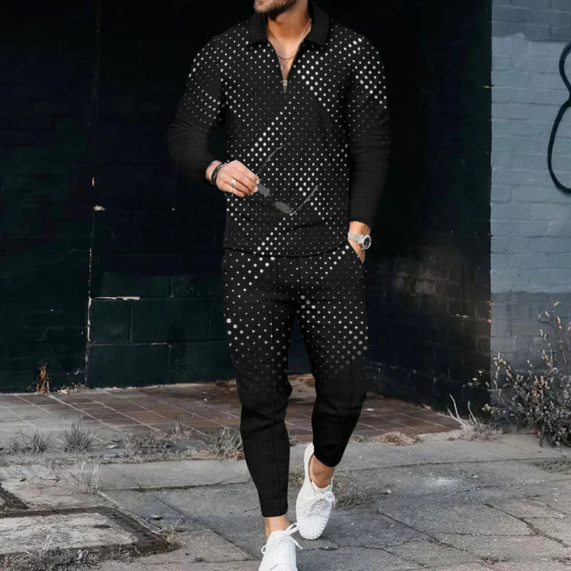 Men's Polka Dot Gradient Polo Shirt and pants Two Piece Set