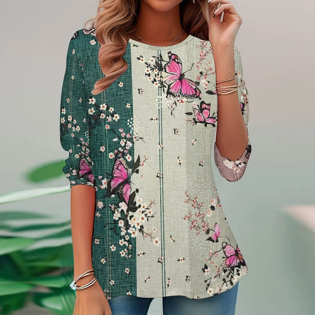 Vintage Printed Long Sleeve Plus Size Tunic for  Women and Men Unisex Pattern Floral,Pink,Green,Stitch