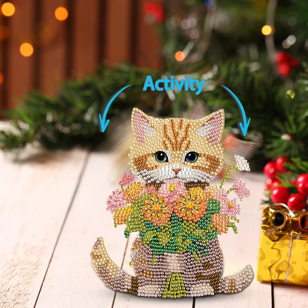 Xmas Acrylic Shaking Head 5D DIY Diamond Art Tabletop Decorations for Home (Cat)