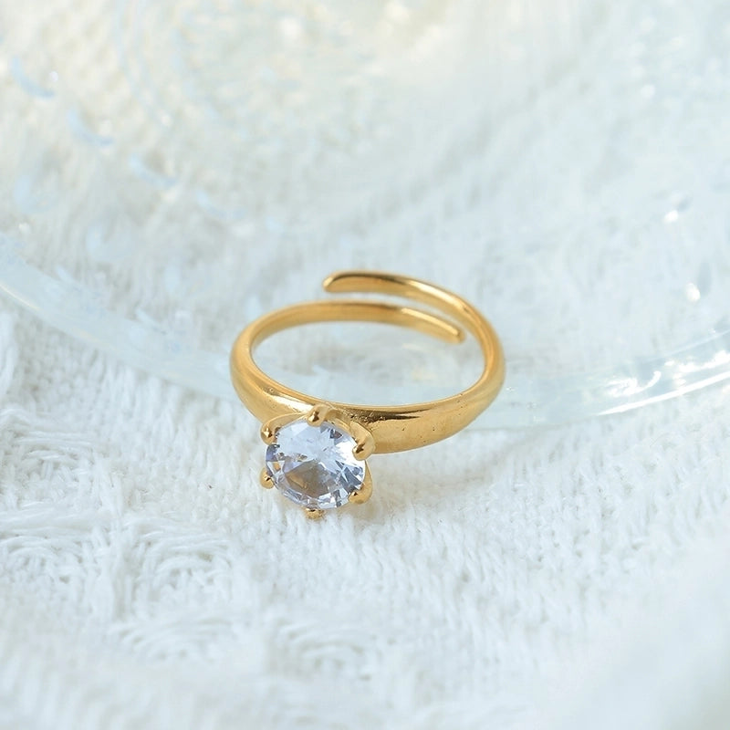 Elegant Round Heart Shape 304 Stainless Steel Zircon 14K Gold Plated Inlay Open Rings