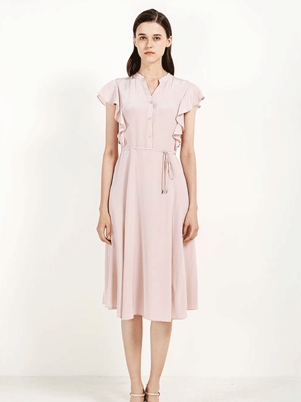 Robe en soie rose élégante à boutons-Soie Plus