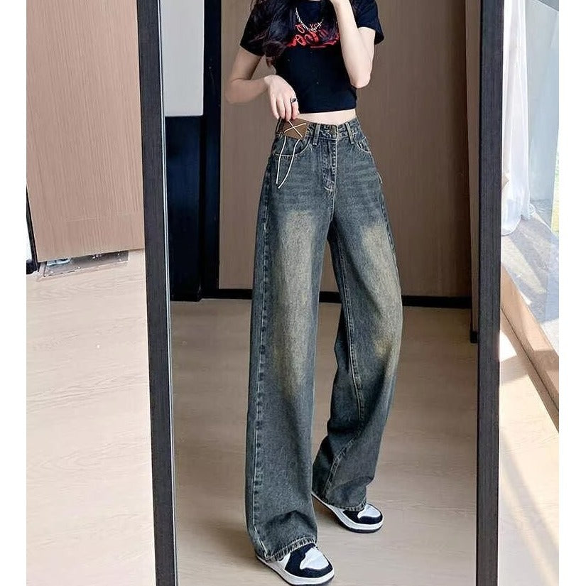 guys clothing styles American Retro Distressed Washed Jeans Women's Autumn Draping Straight Trousers Loose Slimming Wide-Leg Pants Fashion