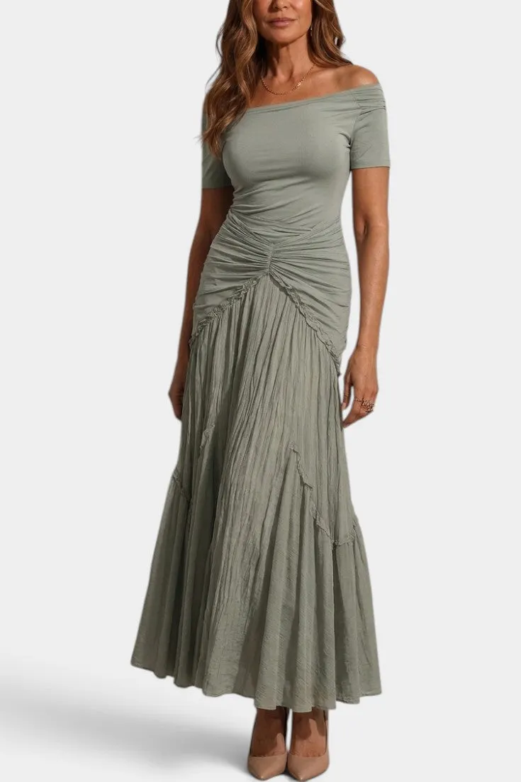 Ruched Off-Shoulder Maxi with Pleated Skirt