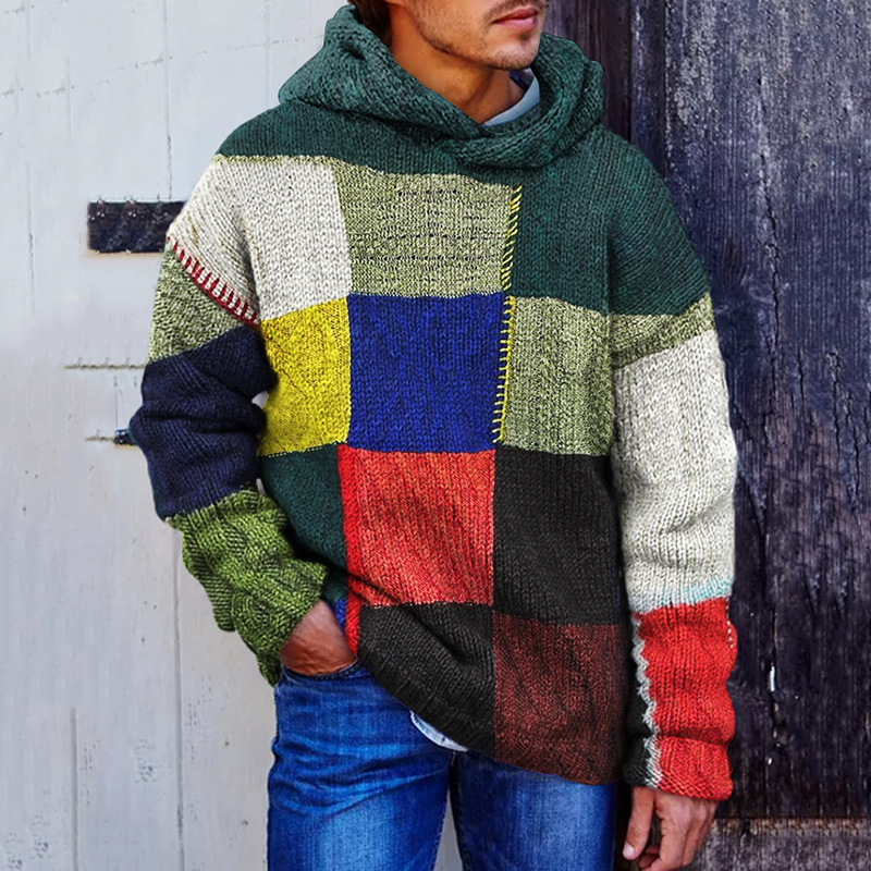 Comstylish Men's Vintage Plaid Colorful Patchwork Cozy Hooded Sweater
