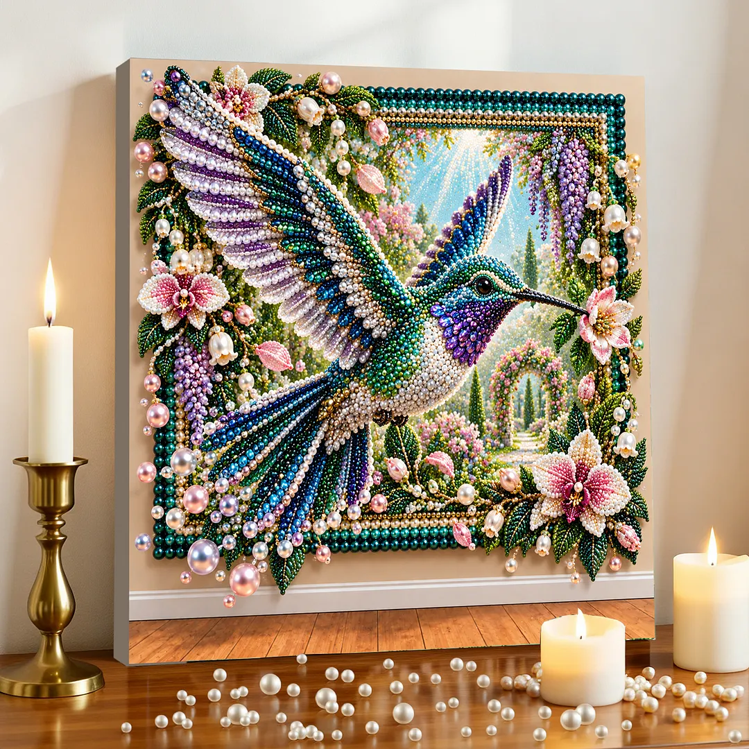 Framed Pearl Painting Kit Hummingbird Garden for Adults 12x12in