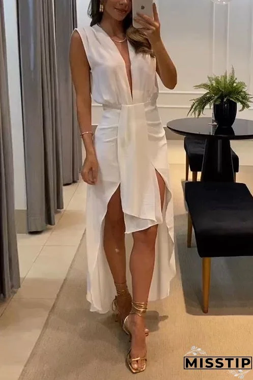 Deep V Neck Drape Front Sleeveless Swallowtail Maxi Party Dress