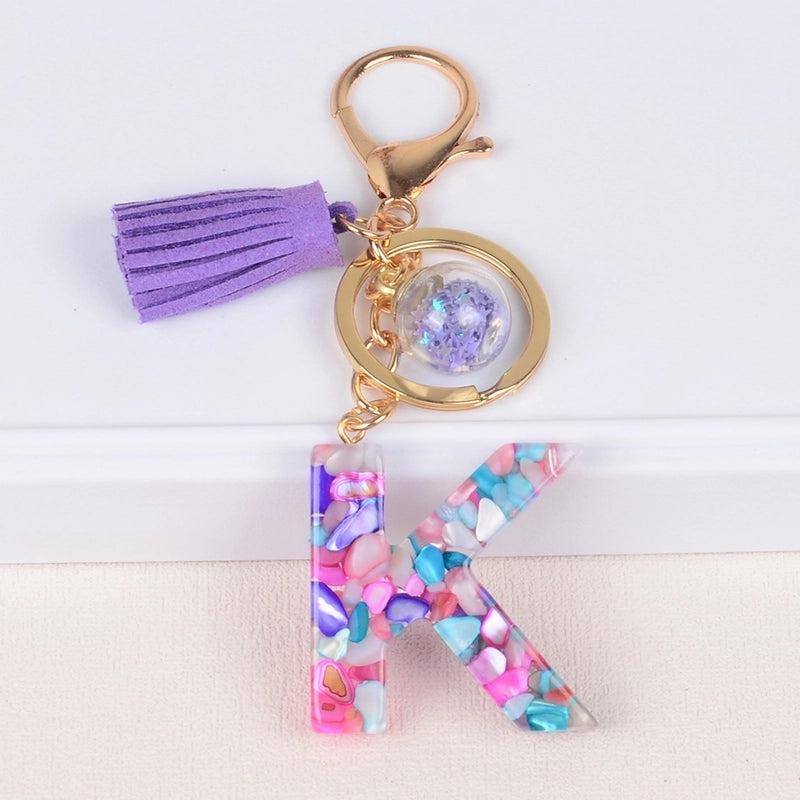 Fashion Style 26 English Letters Keychain Crystal Epoxy Color Stone Letter Tassel Pendant Bag