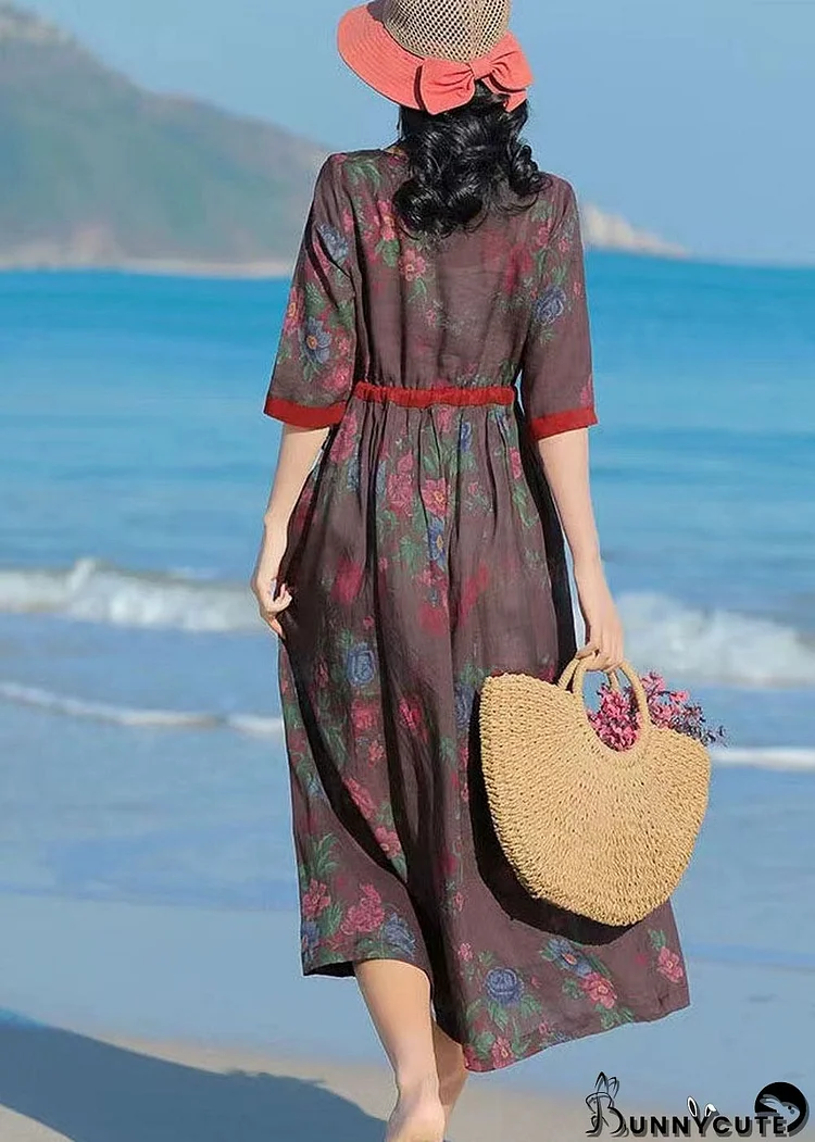 Fitted Chocolate O-Neck Tie Waist Patchwork Print Linen Dress Half Sleeve