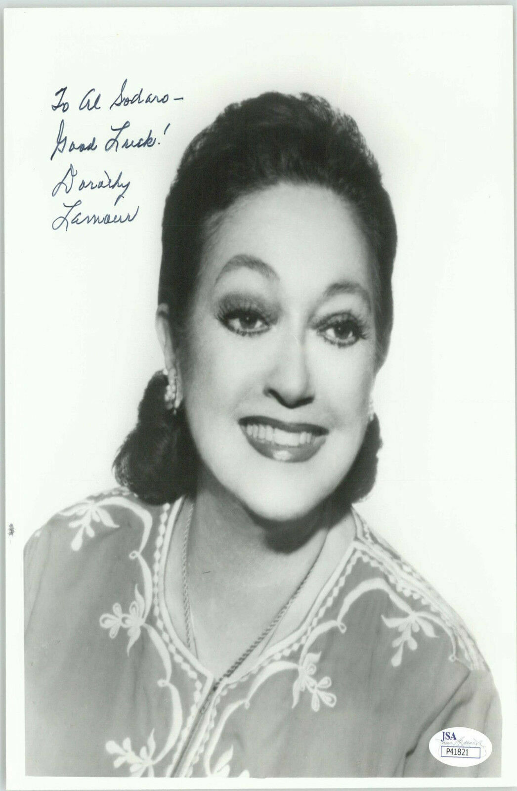 DOROTHY LAMOUR, MOVIE STAR (DECEASED) SIGNED 8X10 JSA AUTHEN. COA #P41821