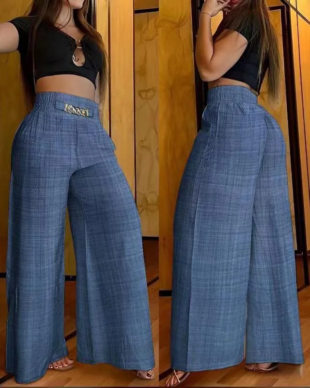 Wongn Wongn Solid Color Wide Leg High Waist Trousers Loose Show Thin Metal Bell-Bottom Trousers Can Be Colored