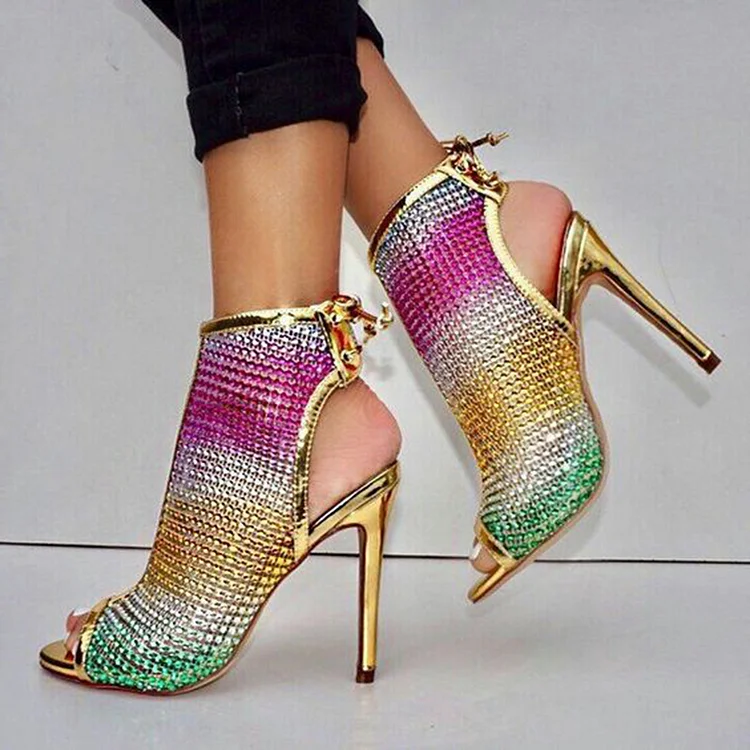 Multicolor Metallic Stiletto Heels Women's Peep Toe Party Ankle Boots |FSJ Shoes