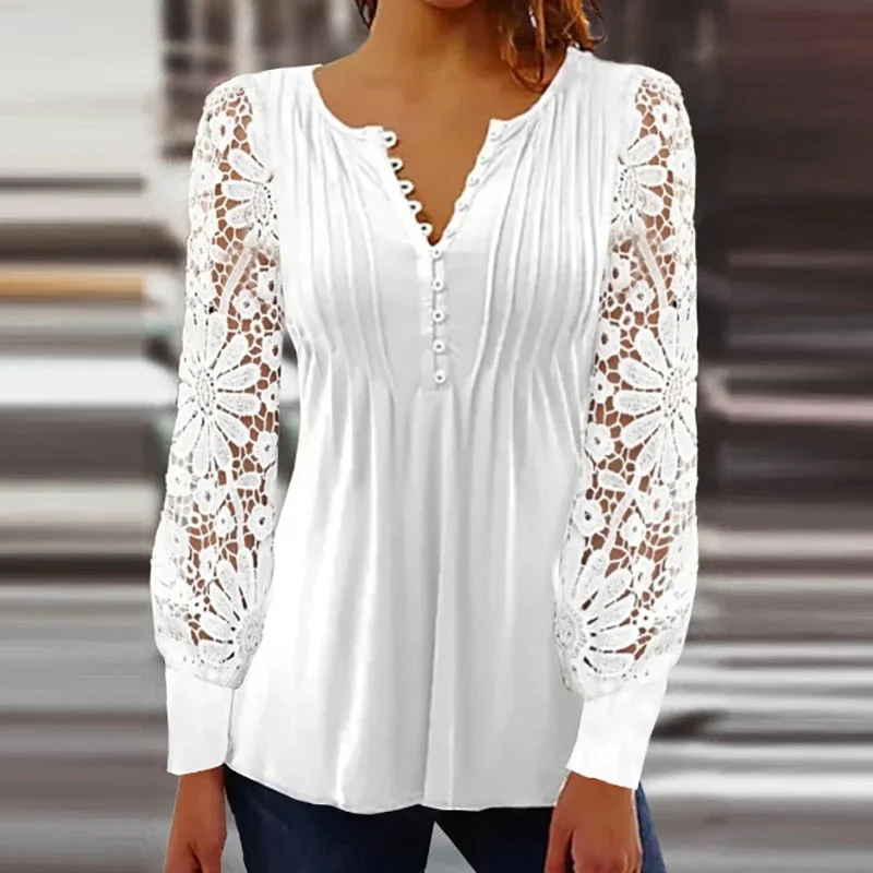 Uforever21 2023 Spring Summer New Lace Long Sleeves Blouses Slim V Neck Long Sleeves Casual Solid Color Pullovers Elegant Commute Women's