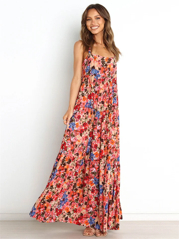 Casual Style Sling Sleeveless Large Swing Printed Dress | IFYHOME