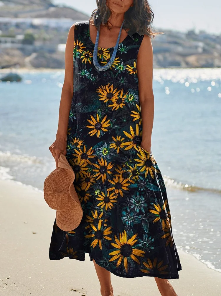 Black-eyed Susan Floral Art Printed Women's Pocket Pinafore Linen Dress