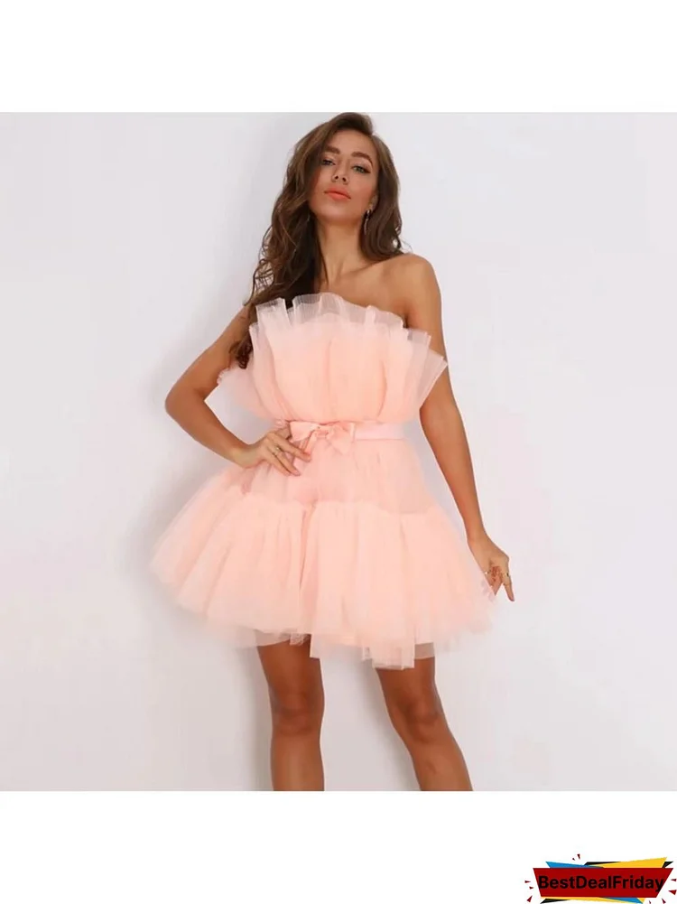 Justchicc Elegant Mesh Party Dress Women Rose Pink Off Shoulder Bow-knot Dress High Quality Sexy Sleeveless Ball Gown Mini Dress