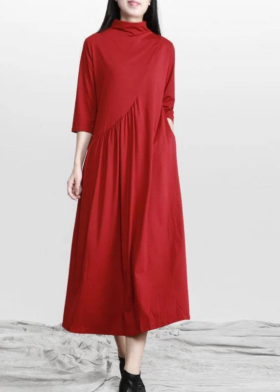 Beautiful Red Stand Cinched asymmetrical design Maxi Dresses Fall