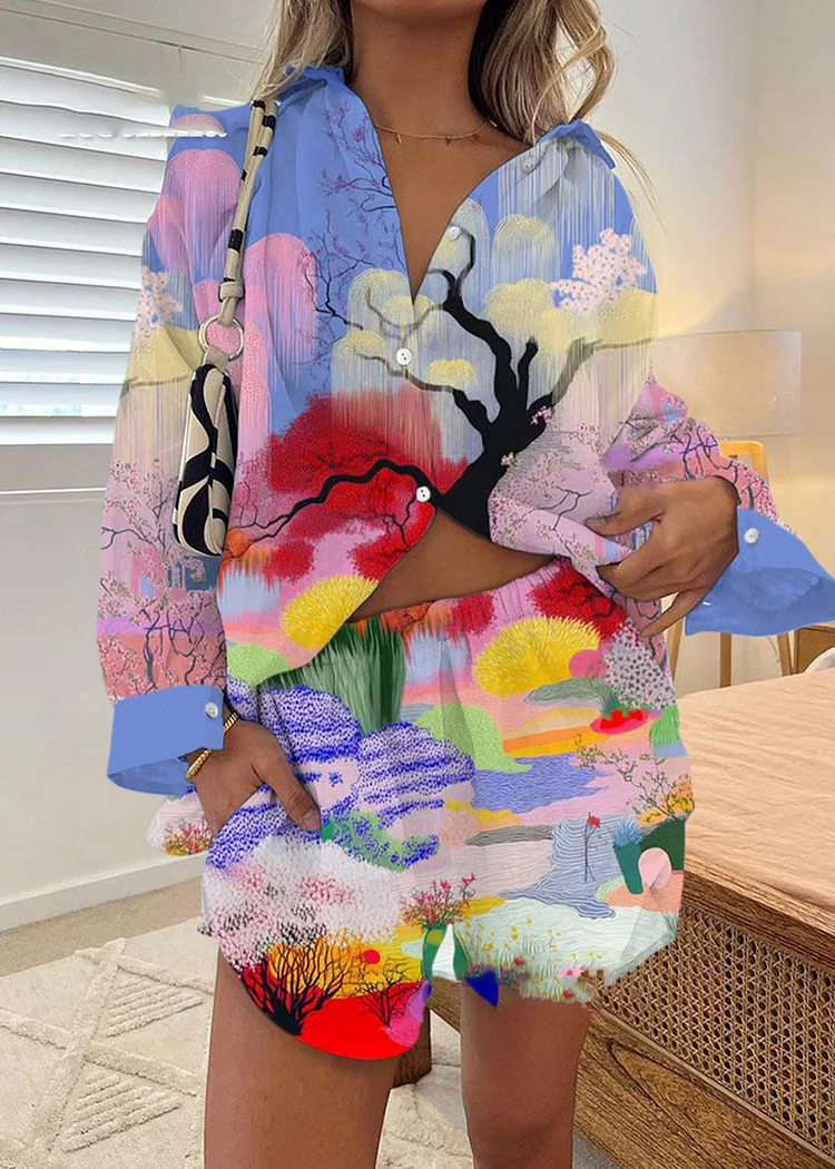 Colourful Print Shirt & Shorts Two-Piece Set