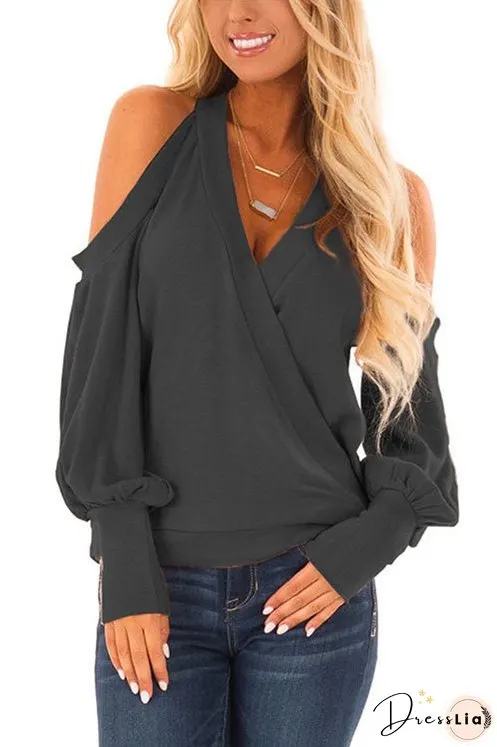 Meridress Wrap V Neck Cold Shoulder Lantern Sleeve Top