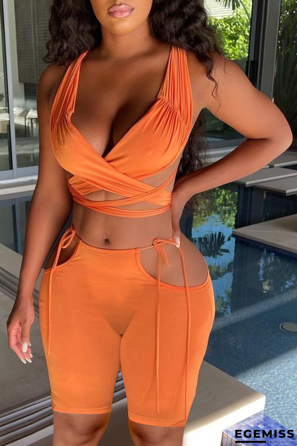 Tangerine Red Sexy Solid Hollowed Out V Neck Sleeveless Two Pieces | EGEMISS