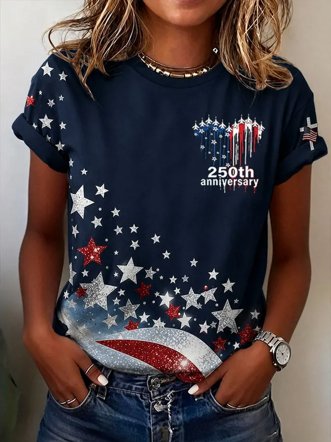 Women's 250th Anniversary Vintage Flag & Cross Print Casual T-Shirt 