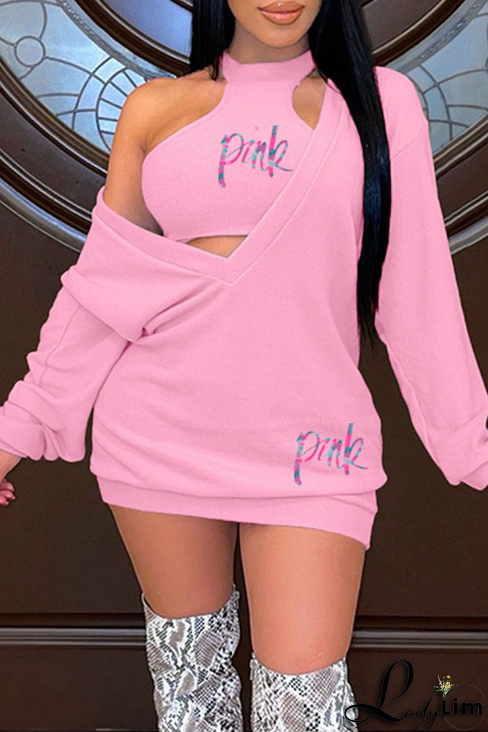 Green Sexy Print Patchwork V Neck Long Sleeve Two Pieces