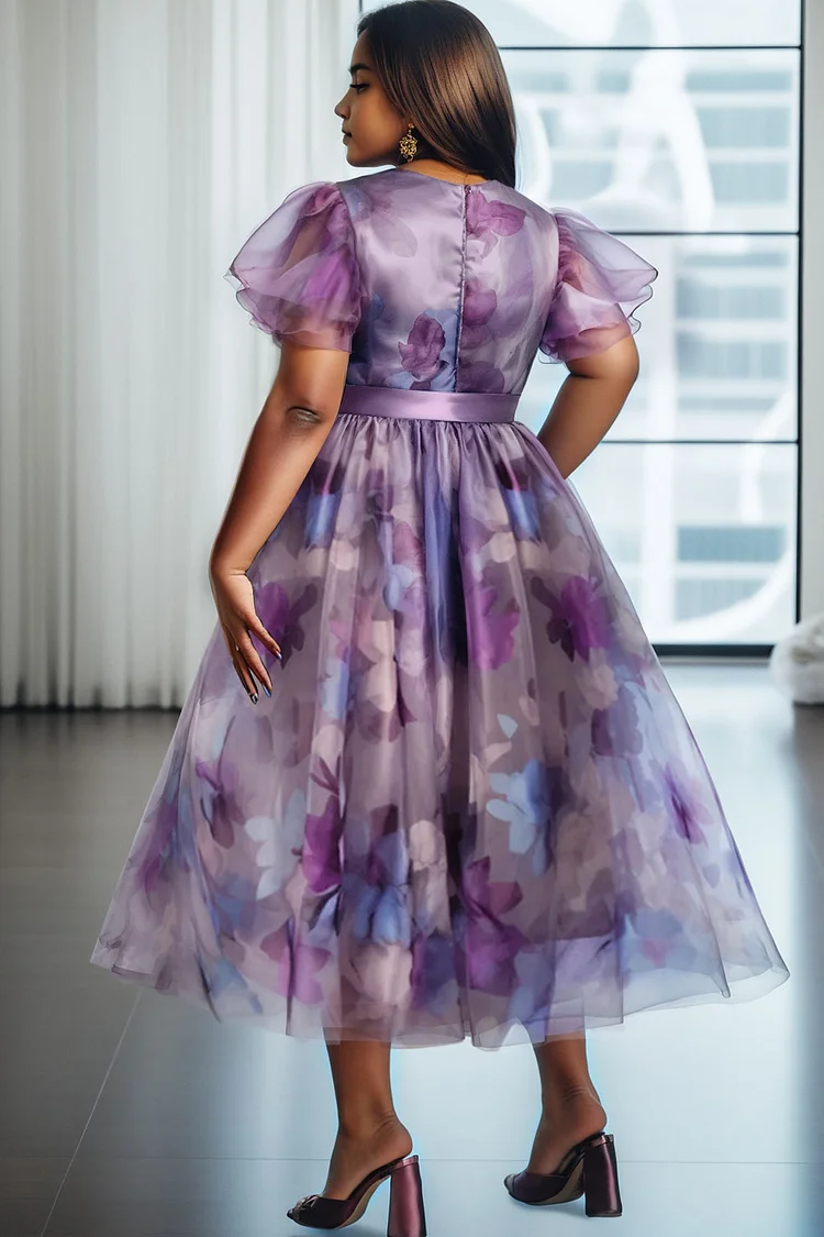 Xpluswear Design Plus Size Wedding Guest Purple Elegant Floral V Neck Short Sleeve Wrap Midi Dresses [Pre-Order]
