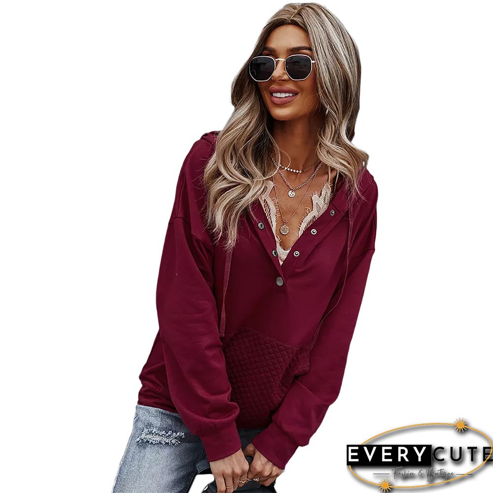 Solid Wine Red Button Collar Pocket Hoodie