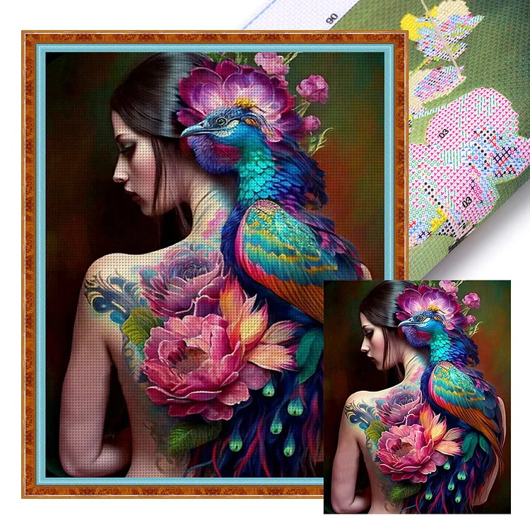 【Huacan Brand】Tattooed Peacock Woman 11CT Stamped Cross Stitch 40*50CM