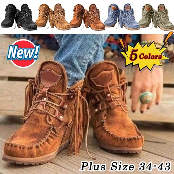 Women Retro Medieval Boots Suede Leather Tassel Round Toe Ankle Boots Casual Flats Shoes Autumn Winter Fringed Low Heel Cowboy Boots Ladies Short Boots - Shop Trendy Women's Fashion | TeeYours