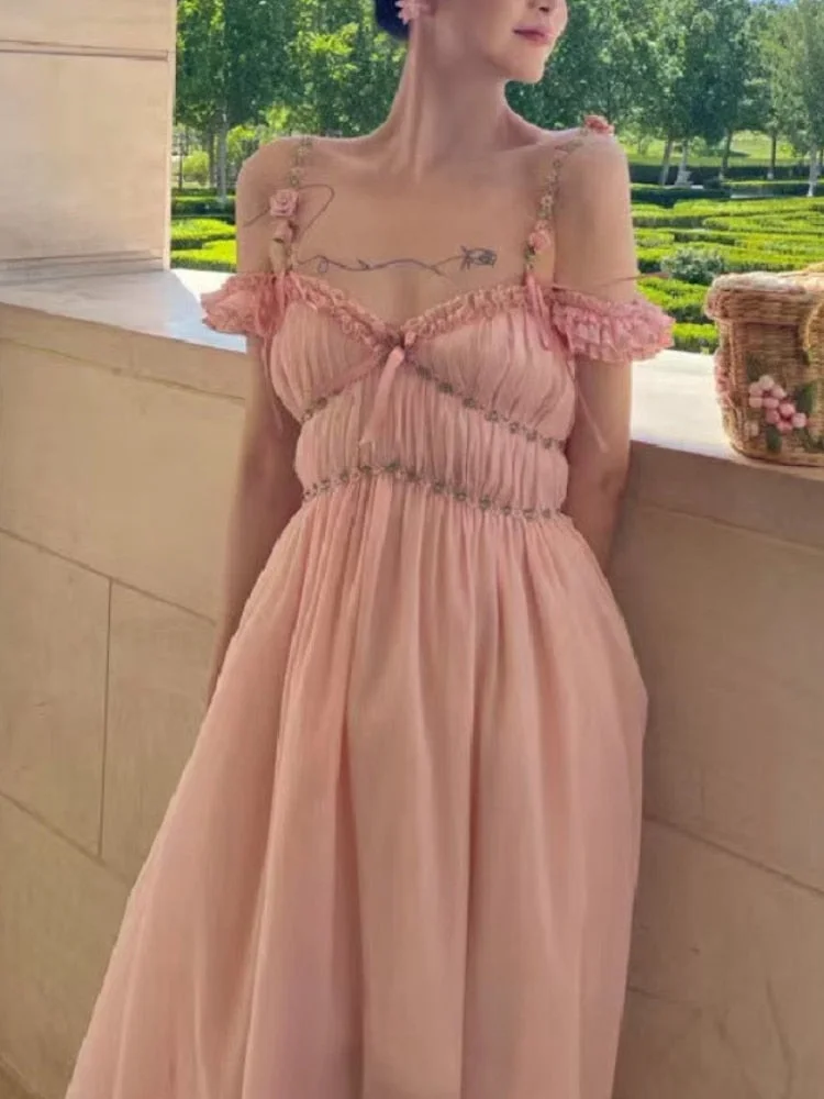 Summer Pink Casual Beach Fairy Dress 2022 Boho France Elegant Strap Dress Women Chiffon Korean Style Sweet Party Midi Dress New