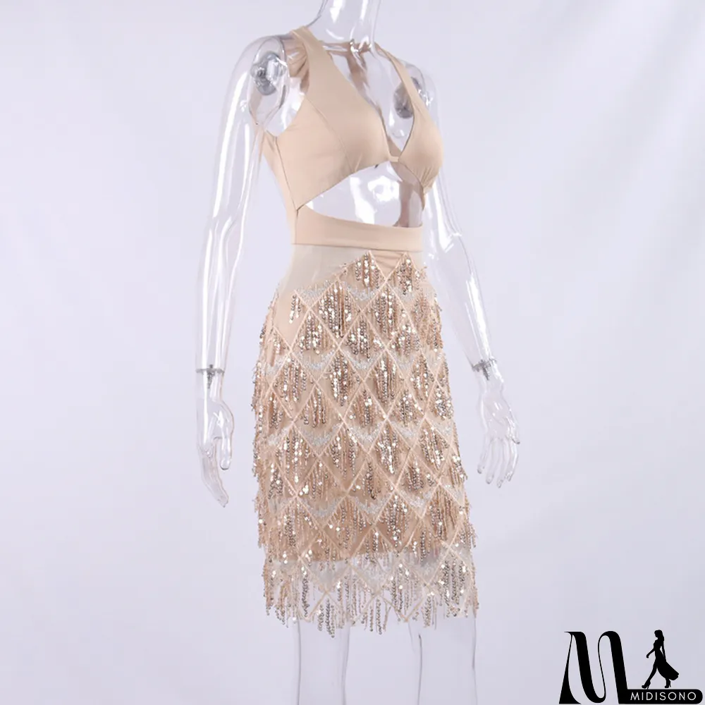 MidiSono - Autumn/Winter Halter Neck Sexy V-Neck Sequined Tassel Hollow Out Low Back Party Dress