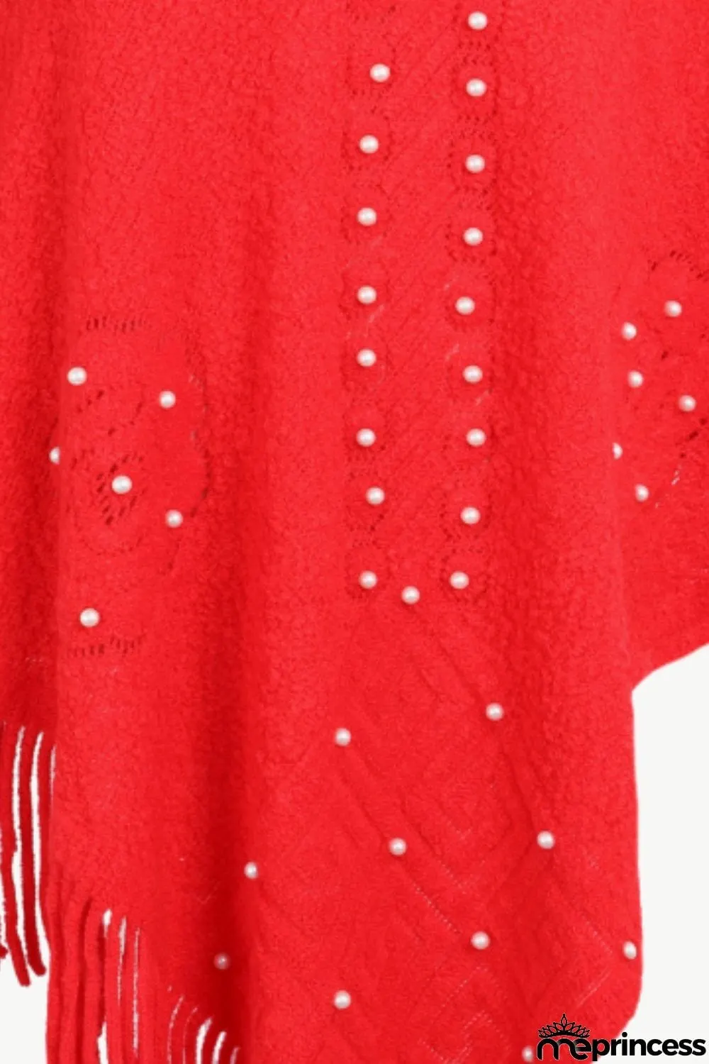 Pearl Trim Fringe Hem Poncho