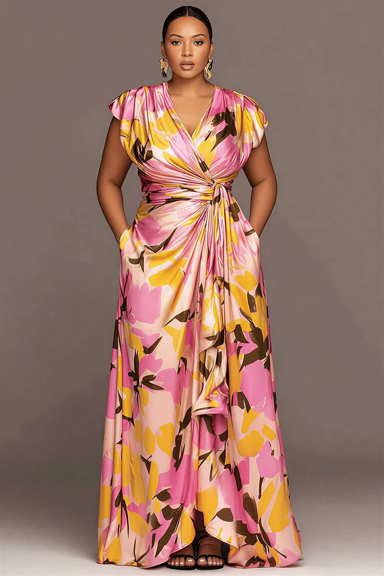 Xpluswear Design Plus Size Mother Of The Bride Pink Floral Wrap Neck Short Sleeve Pocket Satin Maxi Dresses [Pre-Order] 2024 - Xpluswear