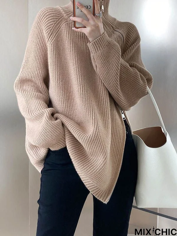 Long Sleeves Loose Split-Joint Split-Side Zipper High Neck Sweater Tops