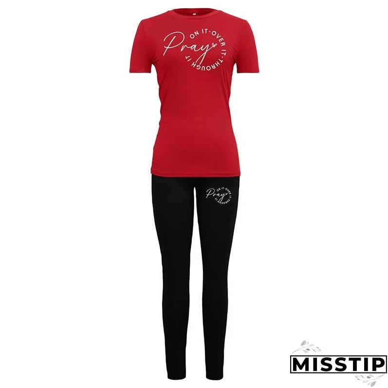 Women's Theme Printed Sports Short-sleeved T-shirt Tights Suits