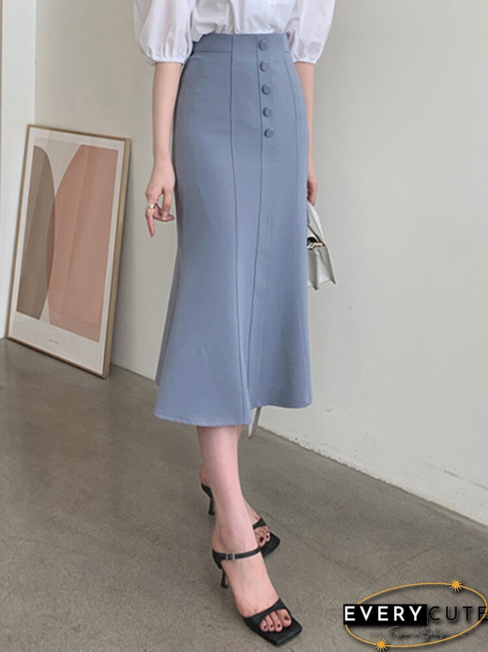 Women High Waist Solid Button Front Mermaid Skirt