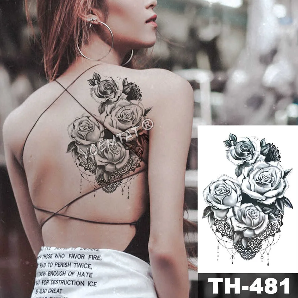 Heart shaped Clock Jewel Rose Waterproof Temporary Tattoo Sticker Black Arm Back Flowers Big Tatto Body Art Fake Tatoo For Women