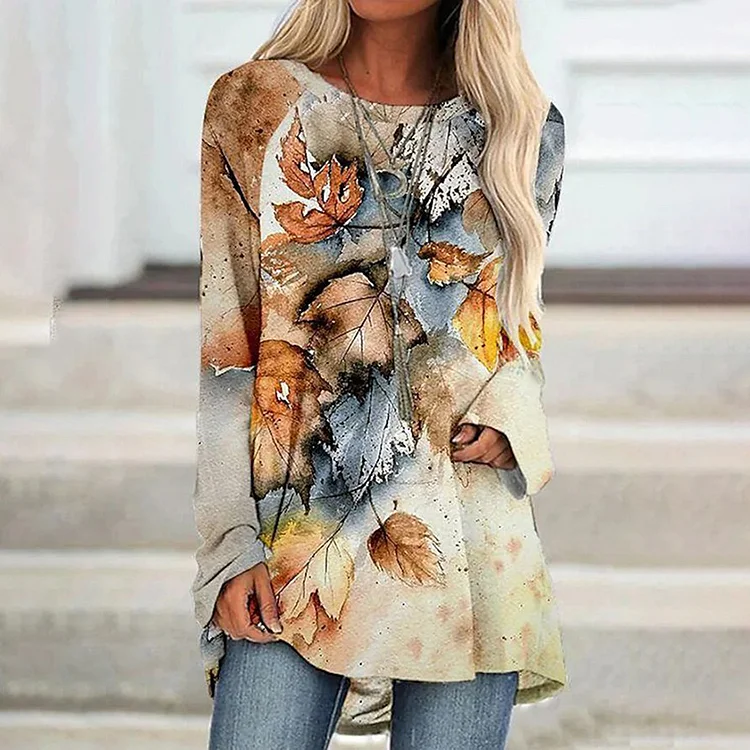 Wearshes Casual Maple Leaves Print Loose Tunic