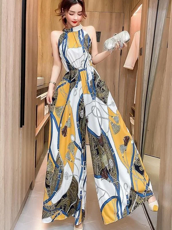 Fashion hanging neck strapless sleeveless long wide leg pants