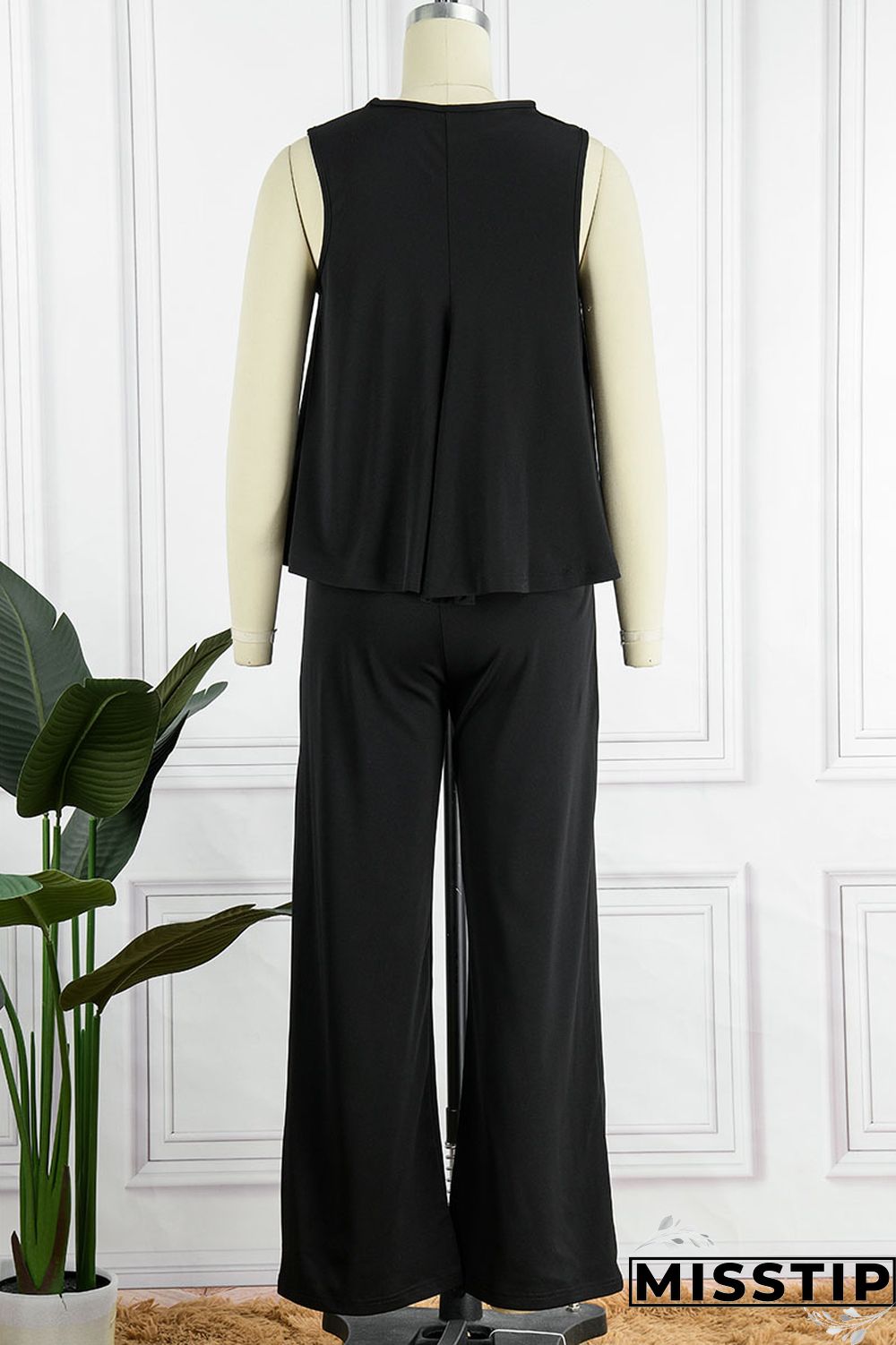 Black Casual Solid Patchwork O Neck Sleeveless Two Pieces