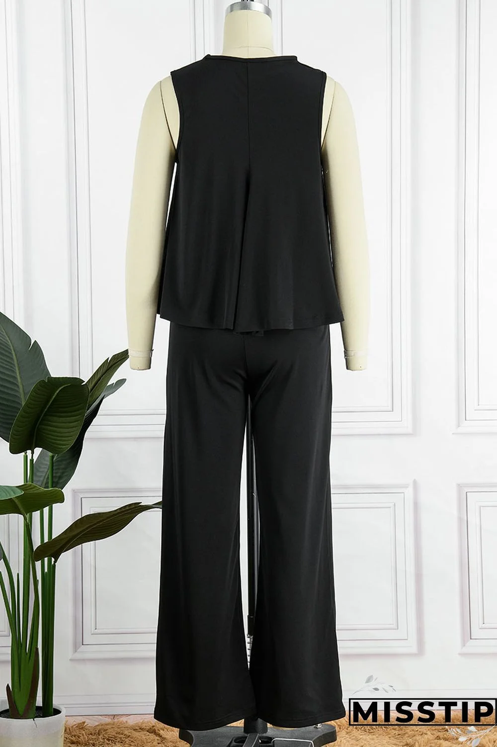 Black Casual Solid Patchwork O Neck Sleeveless Two Pieces