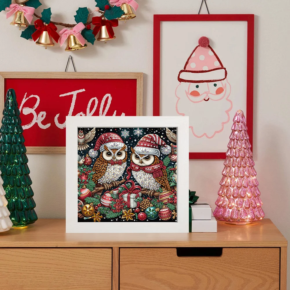 5D DIY Partial Special Shaped Drill Diamond Painting Xmas Owl Home Kit 19.2x19.2cm【With Frame】