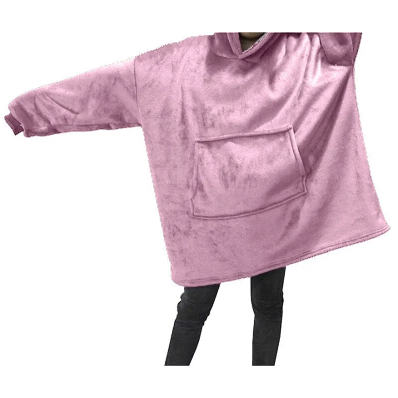 Winter Women Blanket Hooded Sweatshirt Solid Fleece Warm Long Sleeve Oversize Long Hoodies TV Pocket Blanket Female Robe Coat