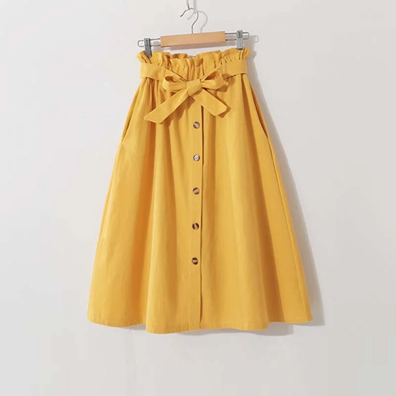 Women Elegant High Waist Midi Skirt Spring And Summer Casual Single-Breasted Solid Black White Bowknot Belt Office A-Line Skirt